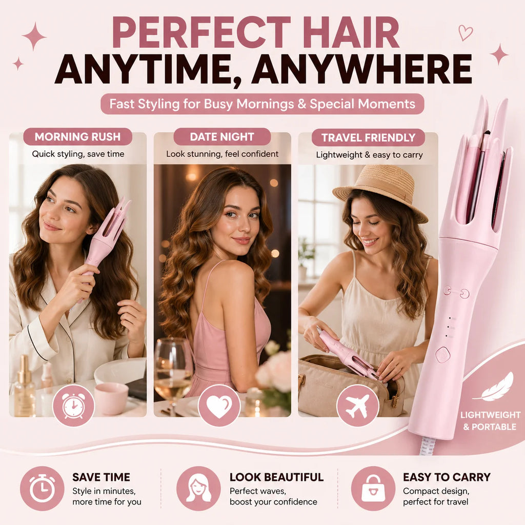 Automatic Hair Curler, One Touch Fast Heating Curling Iron with Adjustable Temperature, Portable Travel Hair Styling Tool, Gift