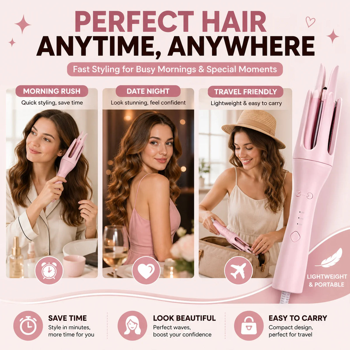 Automatic Hair Curler, One Touch Fast Heating Curling Iron with Adjustable Temperature, Portable Travel Hair Styling Tool, Gift