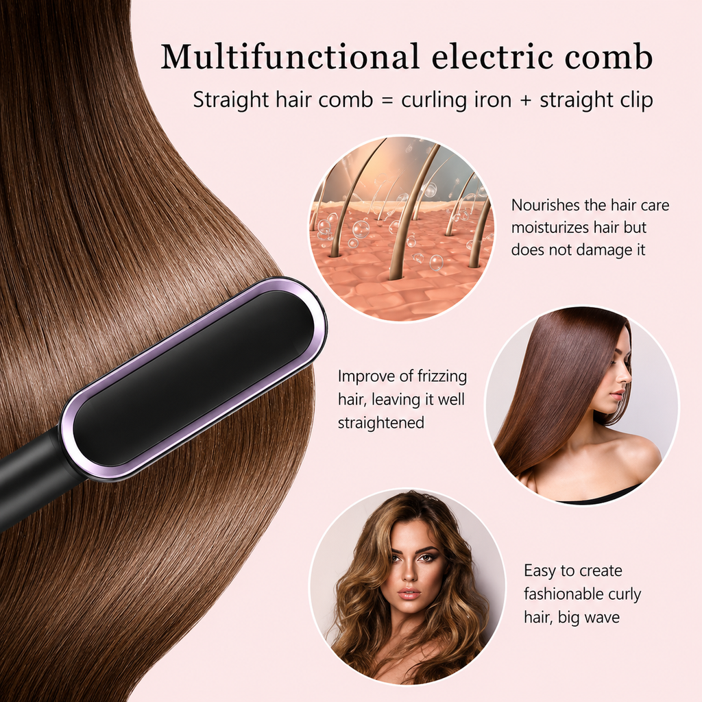 Hair Straightener Ceramic Hot Comb 2 in 1 Electric Straighten Hair Brush Negative Ion Fast Heating Styling Tool ﻿